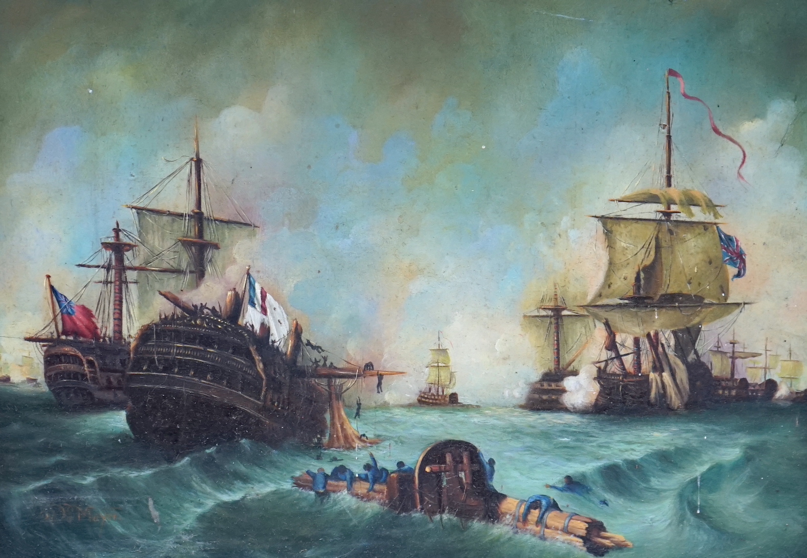 De Mayer (Contemporary, Dutch), oil on board, Naval ships at sea, signed, 20 x 19cm